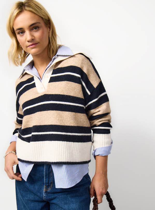 Brown Stripe Print Oversized Collar Rugby Style Jumper XS